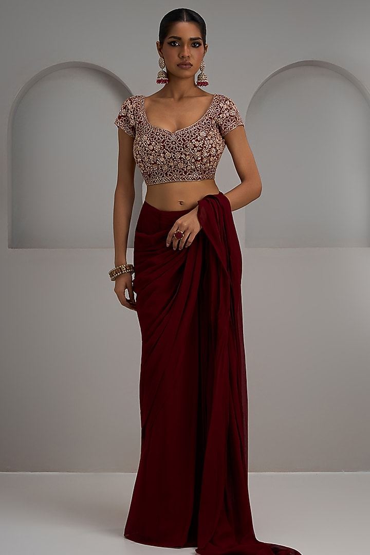 Maroon Georgette Pre-Stitched Wedding Saree Set by Maisolos at Pernia's Pop Up Shop