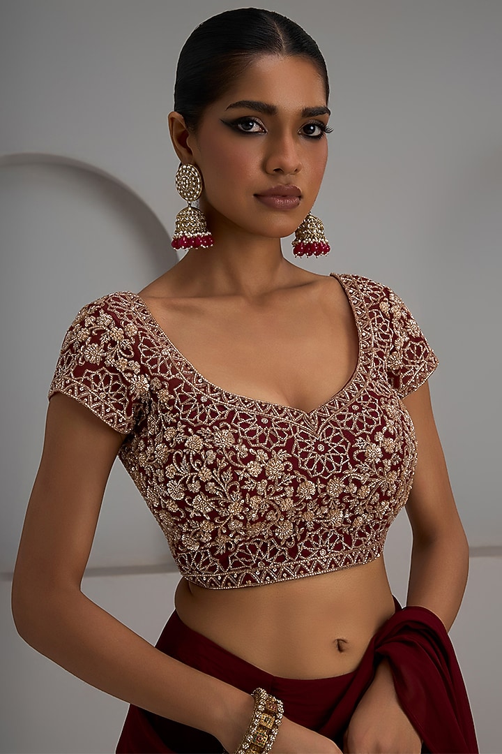 Maroon Georgette Pre-Stitched Wedding Saree Set by Maisolos at Pernia's Pop Up Shop