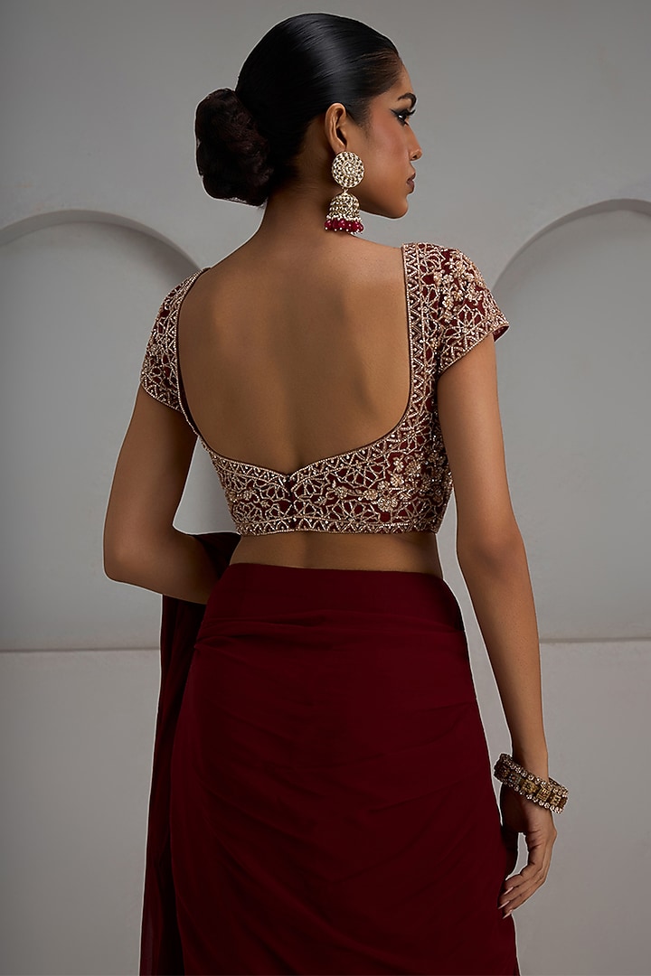 Maroon Georgette Pre-Stitched Wedding Saree Set by Maisolos at Pernia's Pop Up Shop