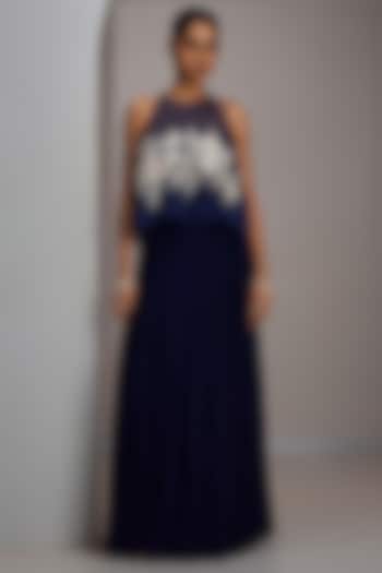 Navy Blue Georgette Gathered Skirt Set by Maisolos at Pernia's Pop Up Shop