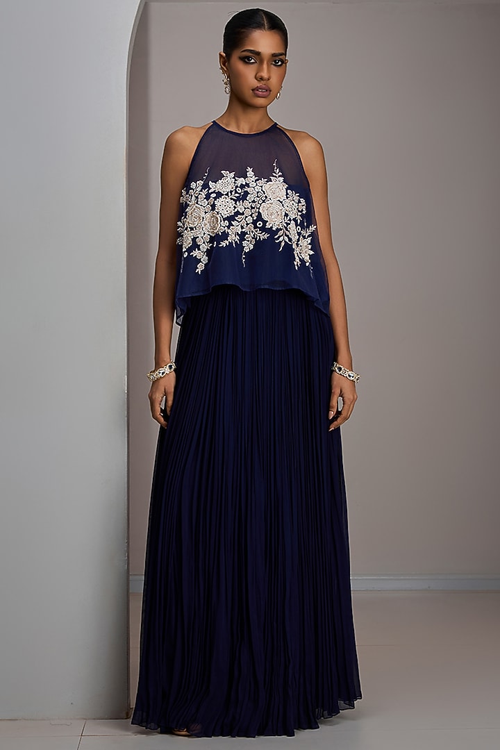 Navy Blue Georgette Gathered Skirt Set by Maisolos at Pernia's Pop Up Shop