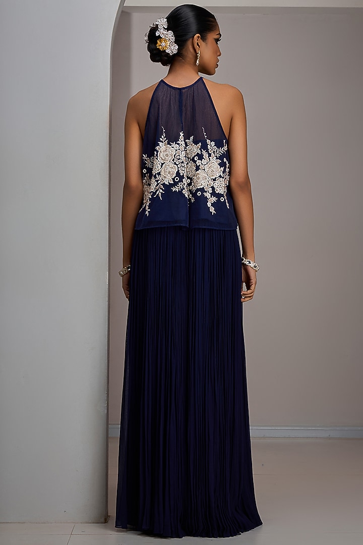 Navy Blue Georgette Gathered Skirt Set by Maisolos at Pernia's Pop Up Shop