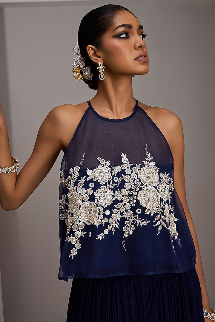 Navy Blue Georgette Gathered Skirt Set by Maisolos at Pernia's Pop Up Shop