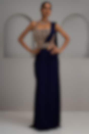 Navy Blue Georgette Ruched Wedding Saree Set by Maisolos at Pernia's Pop Up Shop