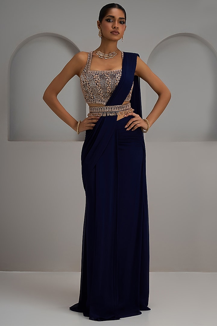 Navy Blue Georgette Ruched Wedding Saree Set by Maisolos at Pernia's Pop Up Shop