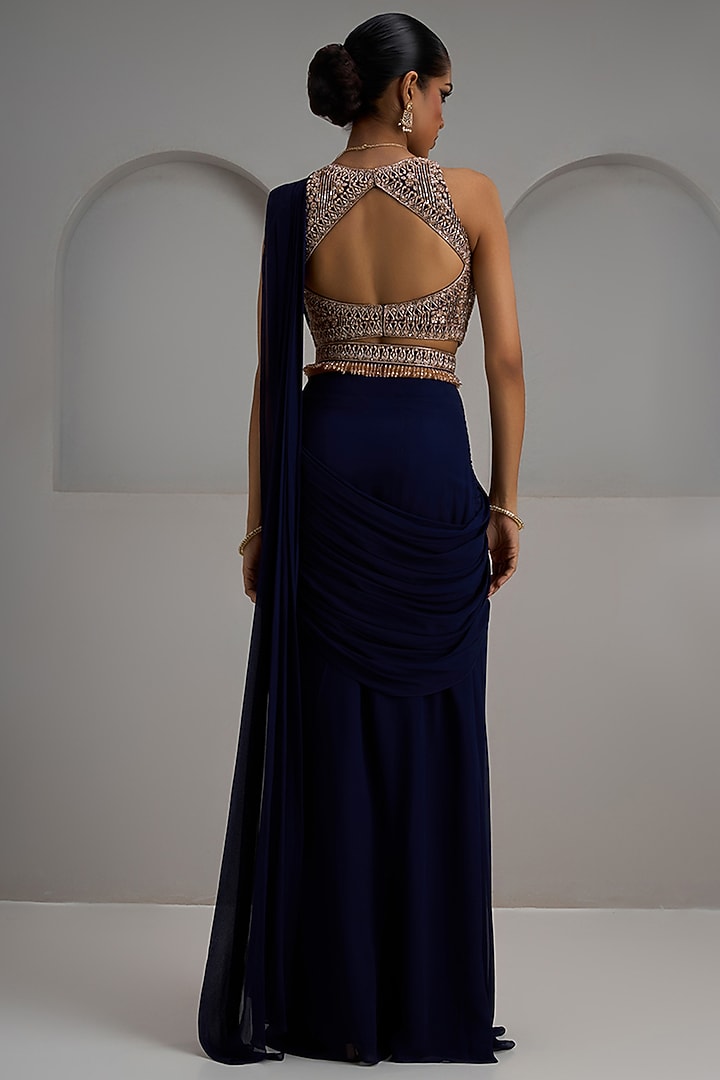 Navy Blue Georgette Ruched Wedding Saree Set by Maisolos at Pernia's Pop Up Shop