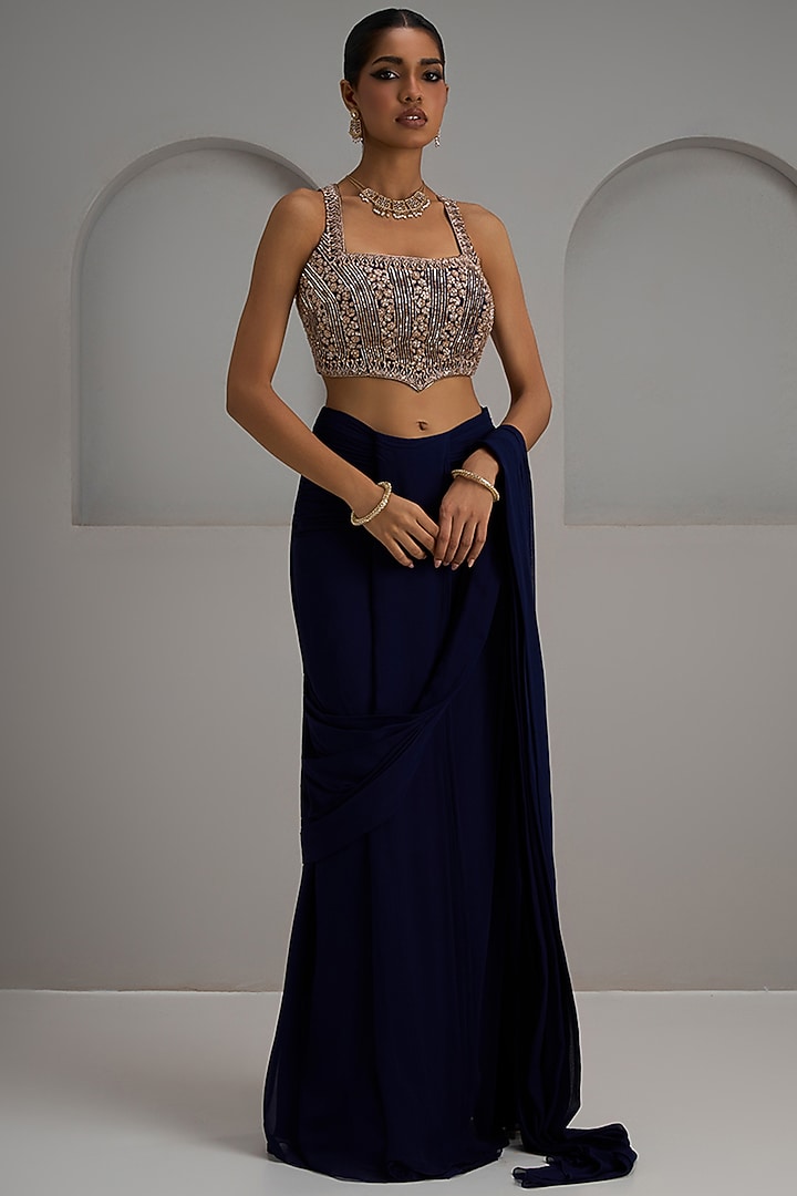 Navy Blue Georgette Ruched Wedding Saree Set by Maisolos at Pernia's Pop Up Shop