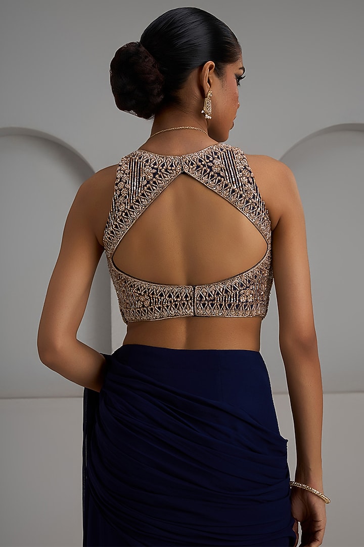Navy Blue Georgette Ruched Wedding Saree Set by Maisolos at Pernia's Pop Up Shop