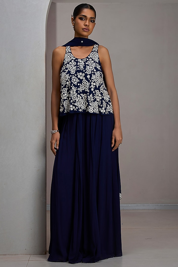 Navy Blue Georgette Wedding Sharara Set by Maisolos at Pernia's Pop Up Shop