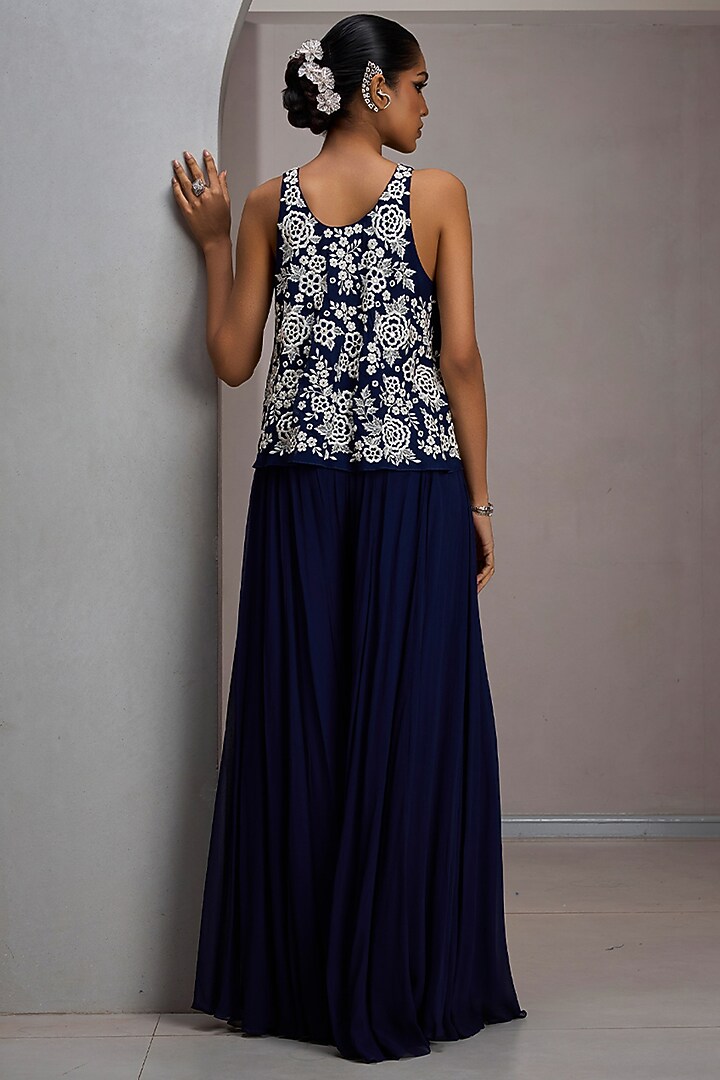 Navy Blue Georgette Wedding Sharara Set by Maisolos at Pernia's Pop Up Shop