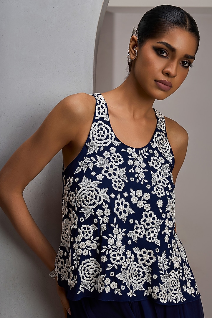 Navy Blue Georgette Wedding Sharara Set by Maisolos at Pernia's Pop Up Shop