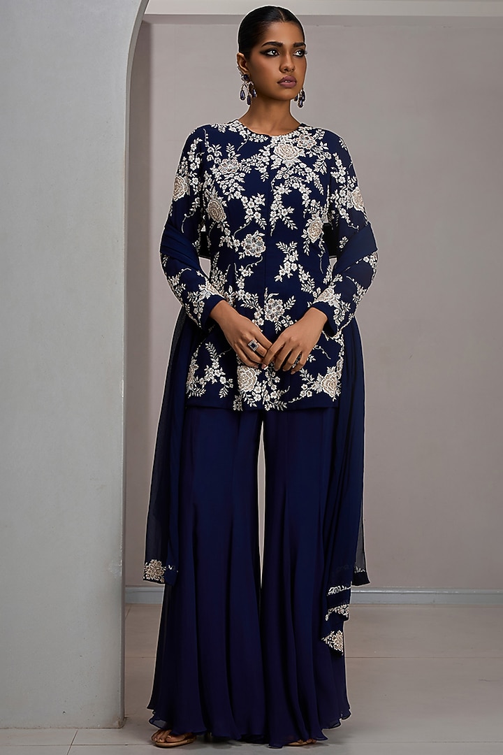 Navy Blue Net Embroidered Jacket Set by Maisolos at Pernia's Pop Up Shop
