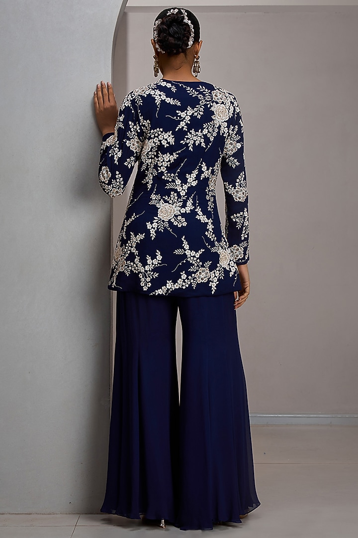 Navy Blue Net Embroidered Jacket Set by Maisolos at Pernia's Pop Up Shop