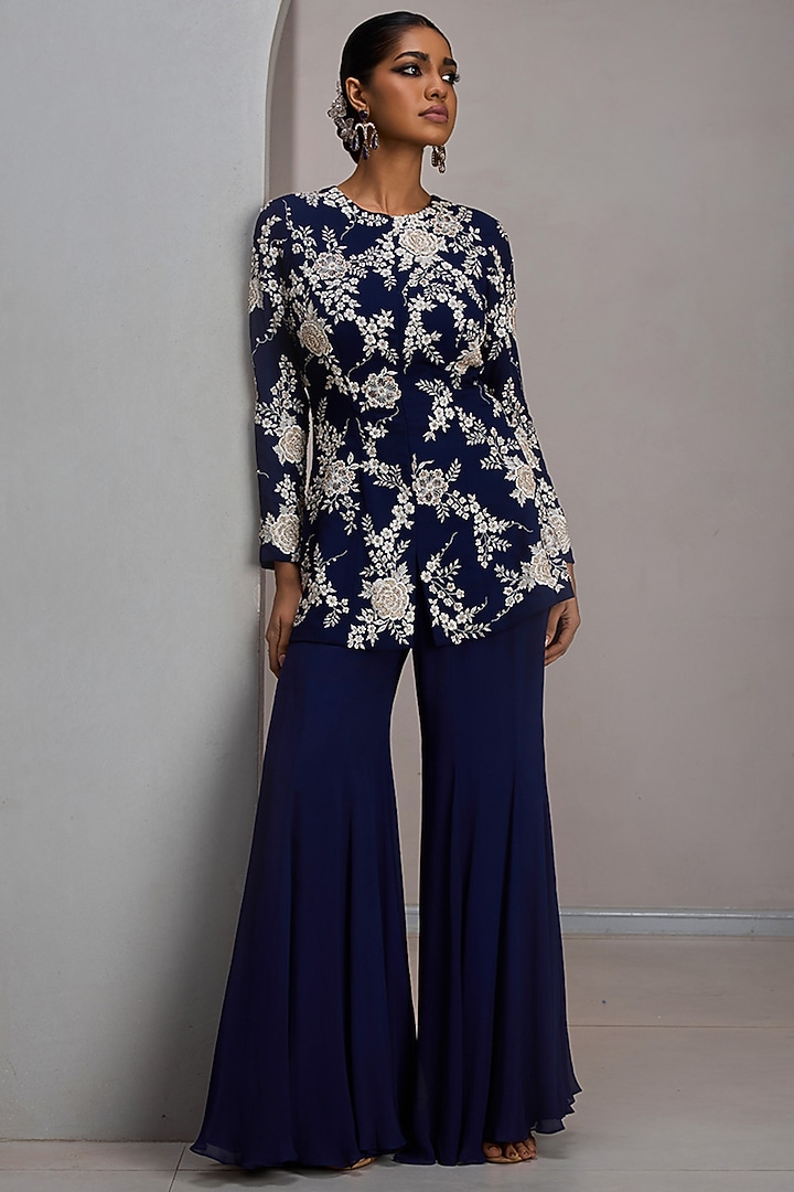 Navy Blue Net Embroidered Jacket Set by Maisolos at Pernia's Pop Up Shop
