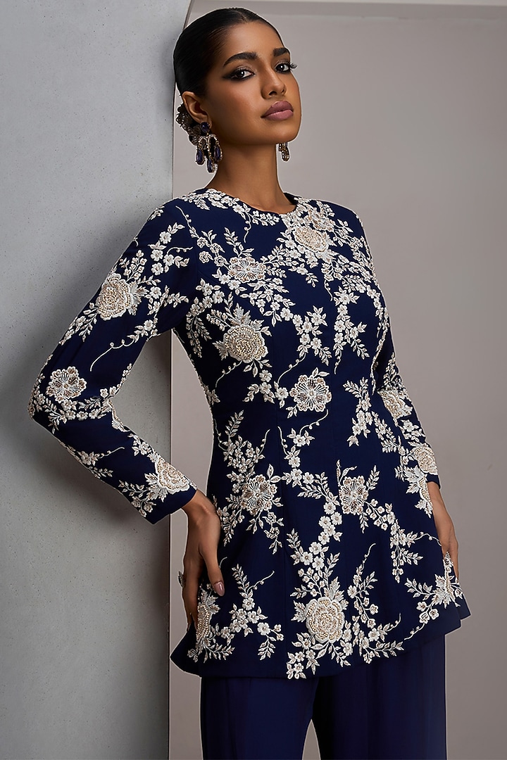 Navy Blue Net Embroidered Jacket Set by Maisolos at Pernia's Pop Up Shop