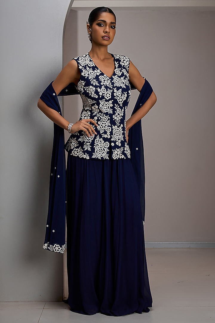 Navy Georgette Flared Party Wear Sharara Set by Maisolos at Pernia's Pop Up Shop