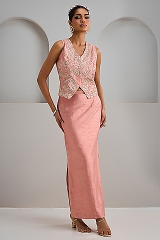 Old Rose Raw Silk Skirt Set by Maisolos