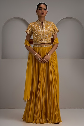 Mustard Georgette Gathered Skirt Set by Maisolos