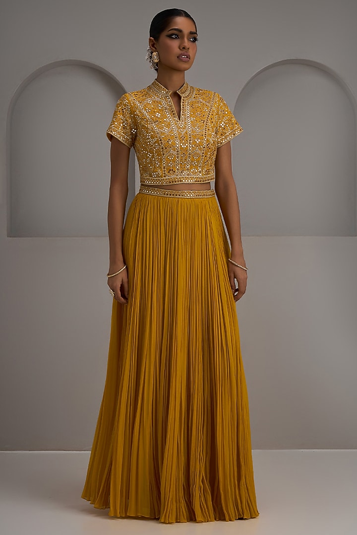 Mustard Georgette Gathered Skirt Set by Maisolos at Pernia's Pop Up Shop