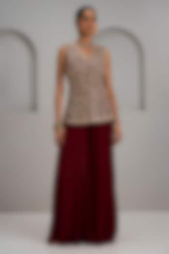 Maroon Raw Silk Hand & Machine Embroidered Jacket Set by Maisolos at Pernia's Pop Up Shop