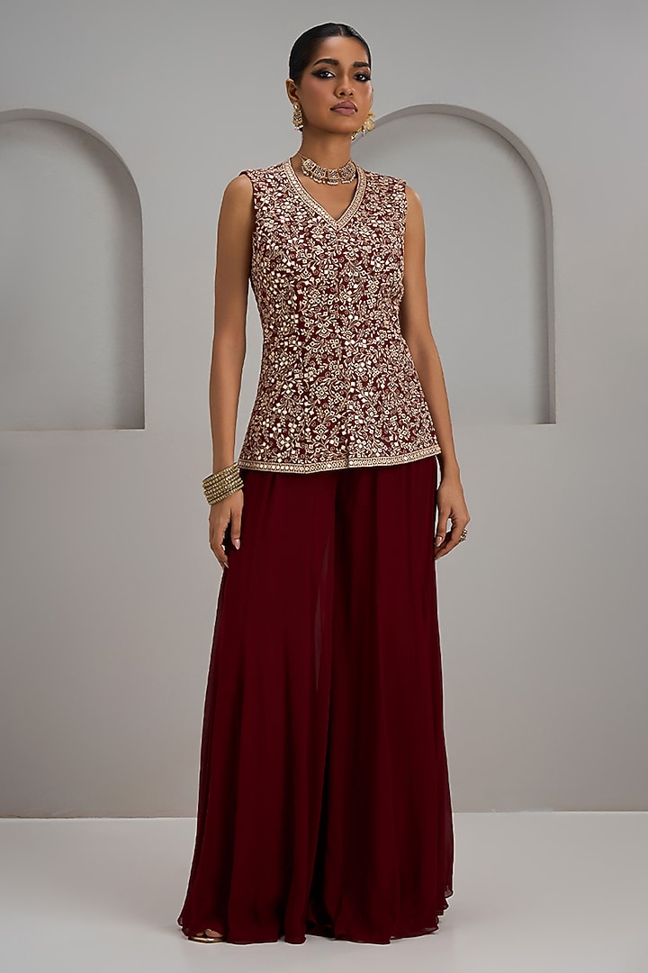 Maroon Raw Silk Hand & Machine Embroidered Jacket Set by Maisolos at Pernia's Pop Up Shop