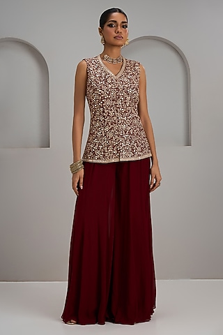 Maroon Raw Silk Hand & Machine Embroidered Jacket Set by Maisolos