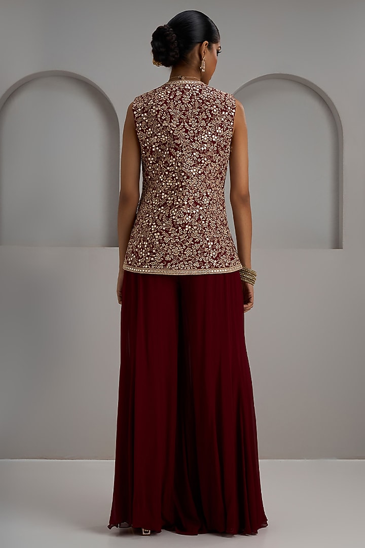 Maroon Raw Silk Hand & Machine Embroidered Jacket Set by Maisolos at Pernia's Pop Up Shop
