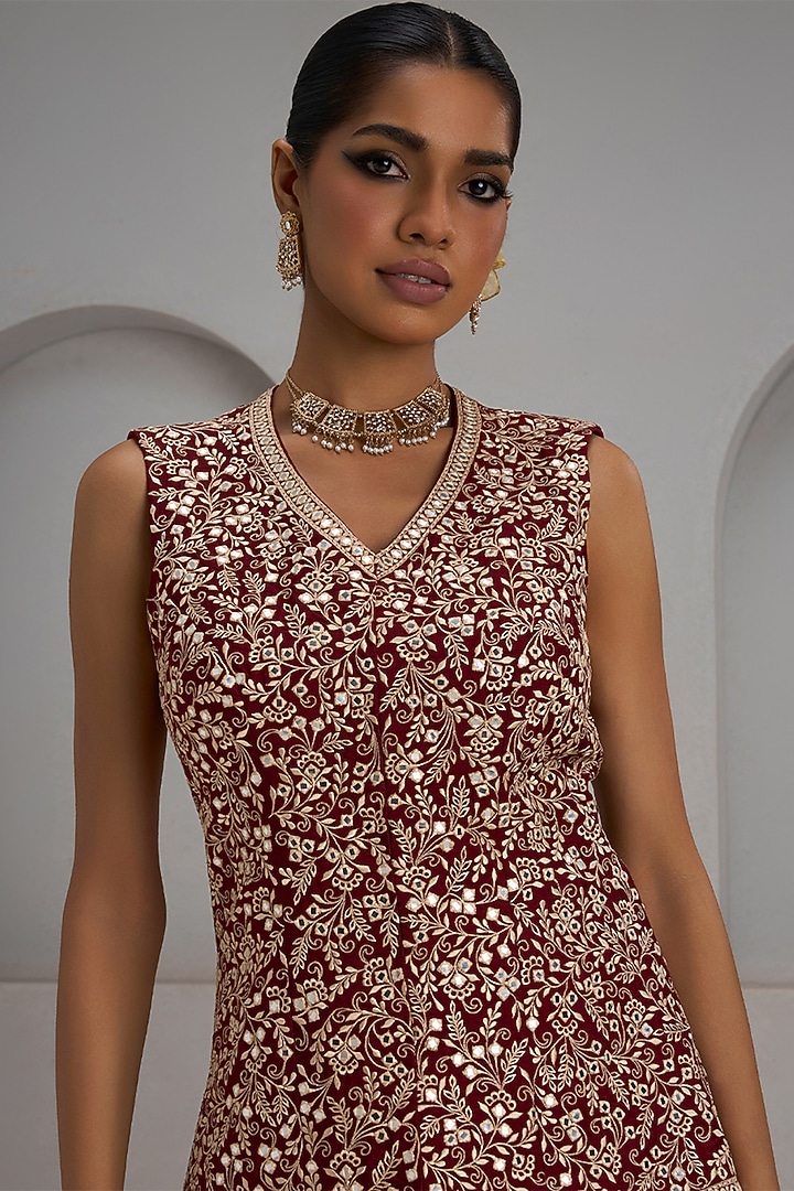Maroon Raw Silk Hand & Machine Embroidered Jacket Set by Maisolos at Pernia's Pop Up Shop