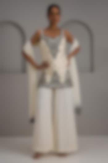 Ivory Raw Silk Hand & Machine Embroidered Tunic Set by Maisolos at Pernia's Pop Up Shop