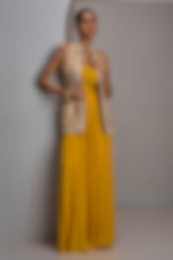 Mustard Raw Silk Hand & Machine Embroidered Jacket Set by Maisolos at Pernia's Pop Up Shop