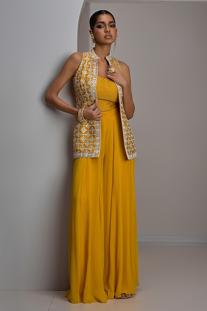 Mustard Raw Silk Hand & Machine Embroidered Jacket Set by Maisolos at Pernia's Pop Up Shop