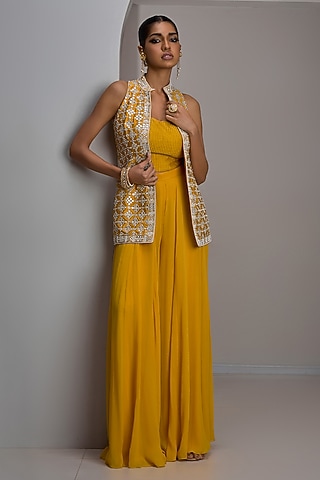 Mustard Raw Silk Hand & Machine Embroidered Jacket Set by Maisolos