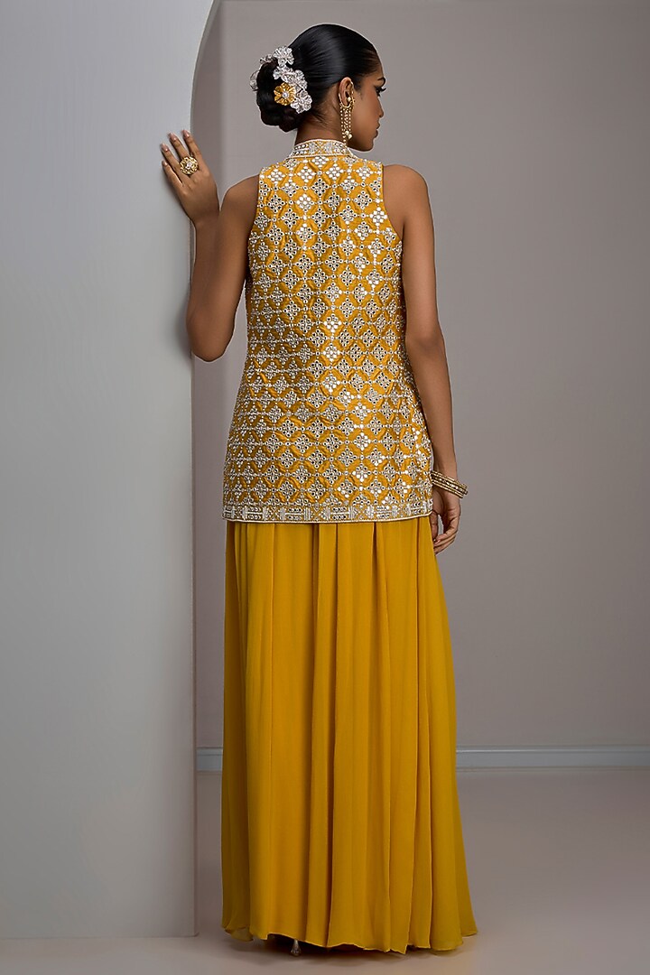 Mustard Raw Silk Hand & Machine Embroidered Jacket Set by Maisolos at Pernia's Pop Up Shop