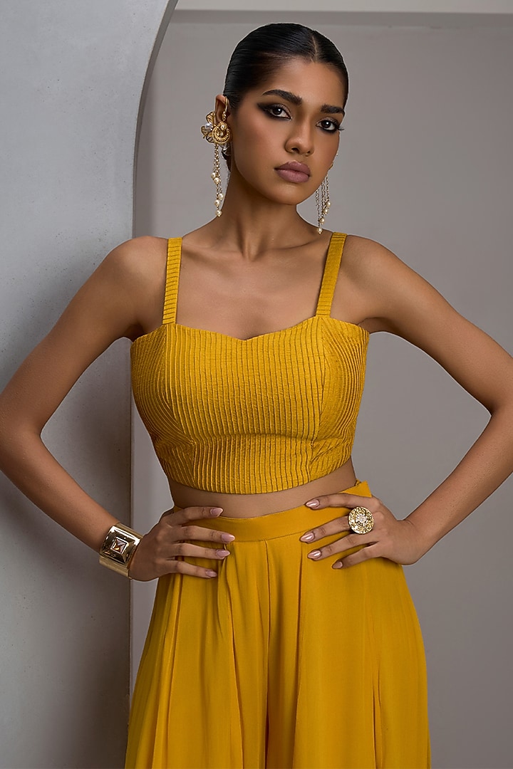 Mustard Raw Silk Hand & Machine Embroidered Jacket Set by Maisolos at Pernia's Pop Up Shop