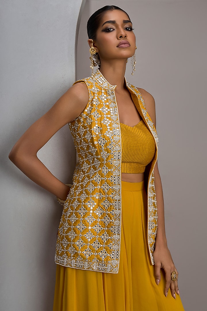 Mustard Raw Silk Hand & Machine Embroidered Jacket Set by Maisolos at Pernia's Pop Up Shop