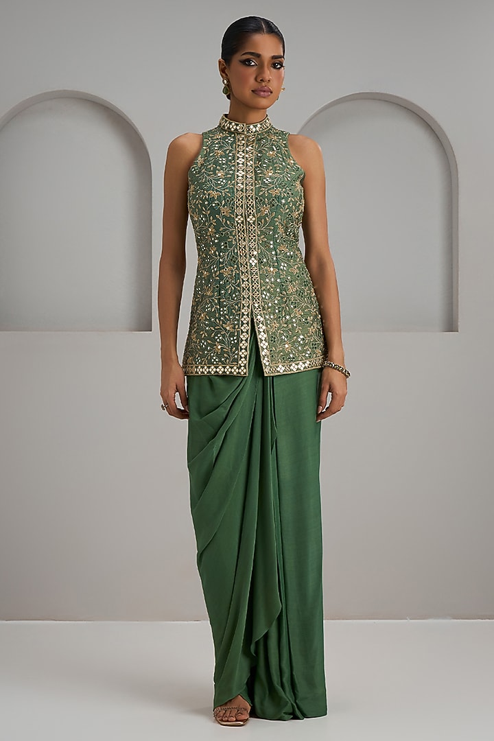 Sage Green Crepe Silk Skirt Set by Maisolos at Pernia's Pop Up Shop