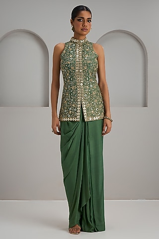 Sage Green Crepe Silk Skirt Set by Maisolos