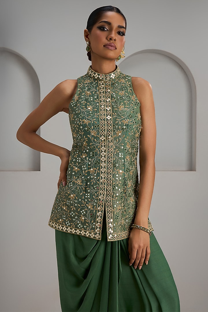 Sage Green Crepe Silk Skirt Set by Maisolos at Pernia's Pop Up Shop