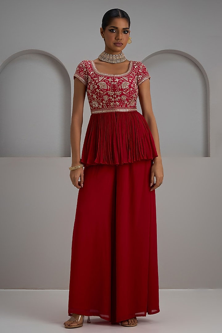 Red Georgette Wedding Sharara Set by Maisolos at Pernia's Pop Up Shop