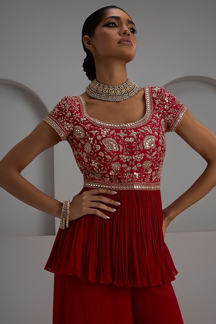 Red Georgette Wedding Sharara Set by Maisolos at Pernia's Pop Up Shop