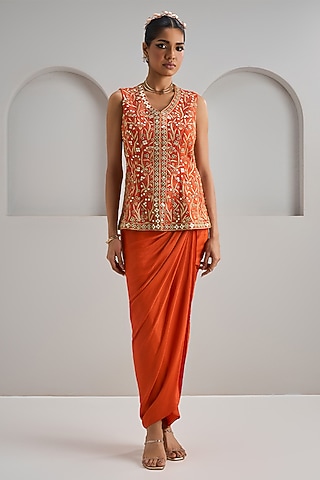 Orange Crepe Silk Skirt Set by Maisolos