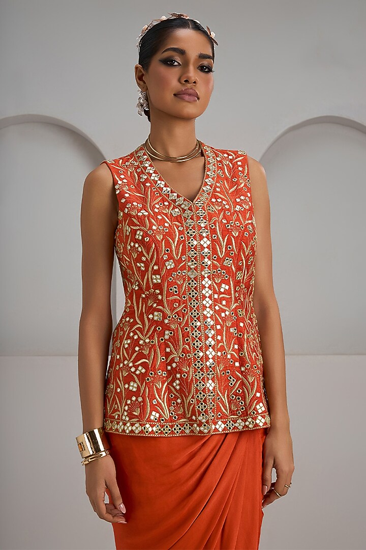 Orange Crepe Silk Skirt Set by Maisolos at Pernia's Pop Up Shop