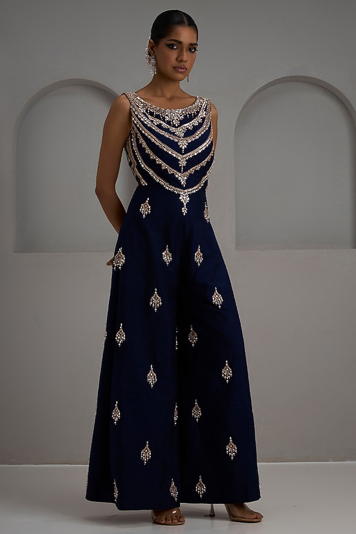 Navy Raw Silk Hand Embroidered Jumpsuit by Maisolos at Pernia's Pop Up Shop