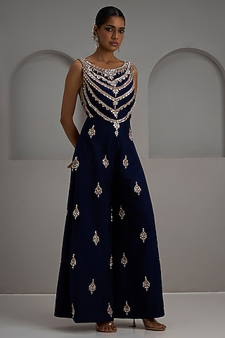 Navy Raw Silk Hand Embroidered Jumpsuit by Maisolos