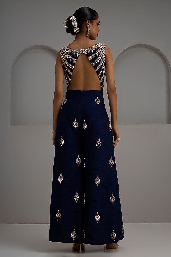 Navy Raw Silk Hand Embroidered Jumpsuit by Maisolos at Pernia's Pop Up Shop