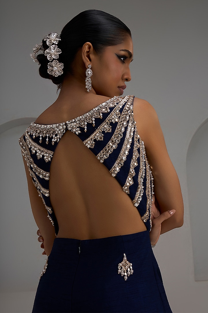 Navy Raw Silk Hand Embroidered Jumpsuit by Maisolos at Pernia's Pop Up Shop