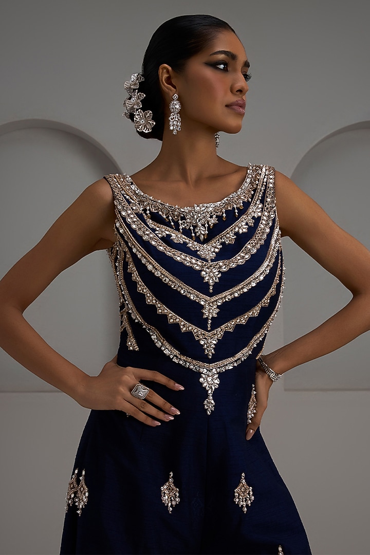 Navy Raw Silk Hand Embroidered Jumpsuit by Maisolos at Pernia's Pop Up Shop