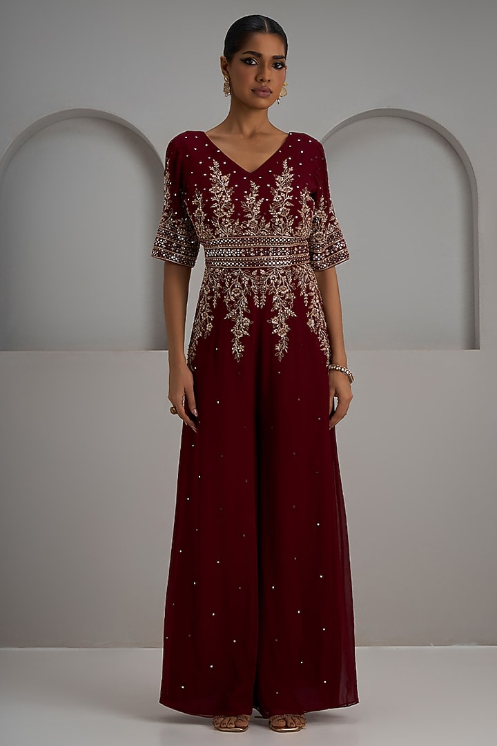 Maroon Georgette Hand & Machine Embroidered Jumpsuit by Maisolos at Pernia's Pop Up Shop