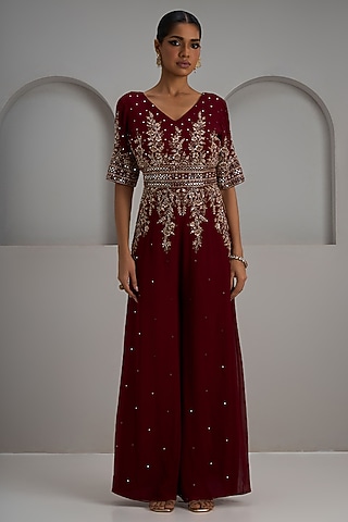 Maroon Georgette Hand & Machine Embroidered Jumpsuit by Maisolos