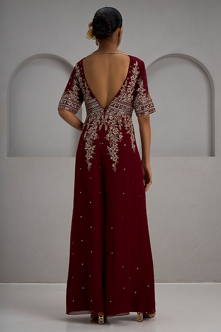 Maroon Georgette Hand & Machine Embroidered Jumpsuit by Maisolos at Pernia's Pop Up Shop